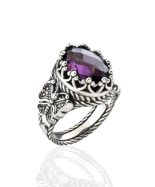 Amethyst Gemstone Filigree Art Double Butterfly Detailed Women Silver Statement Ring