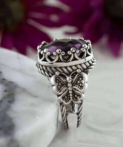 Amethyst Gemstone Filigree Art Double Butterfly Detailed Women Silver Statement Ring