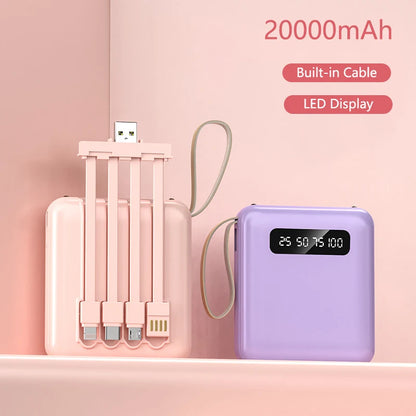 Mini Power Bank 20000mAh With 4 Cable Mobile Phone External Battery Charger for iPhone Samsung Huawei Xiaomi Portable Powerbank