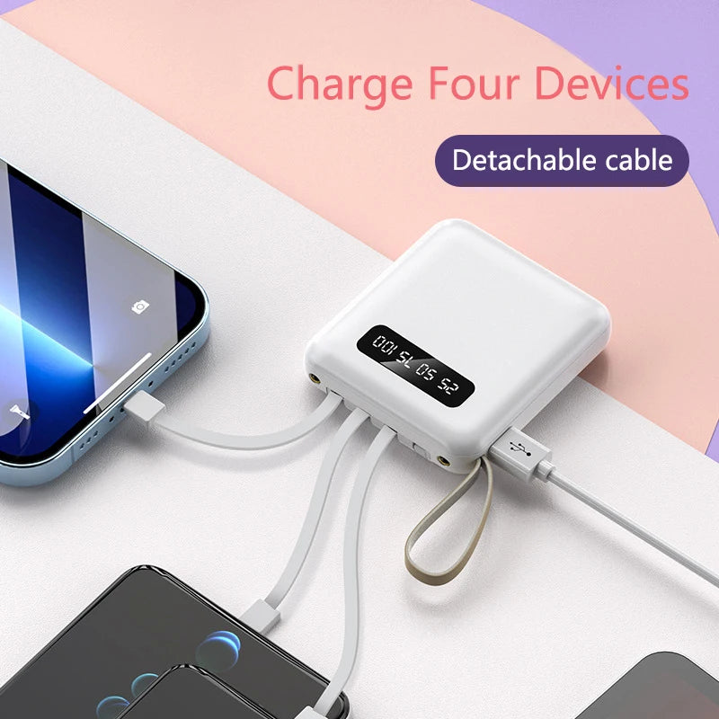 Mini Power Bank 20000mAh With 4 Cable Mobile Phone External Battery Charger for iPhone Samsung Huawei Xiaomi Portable Powerbank